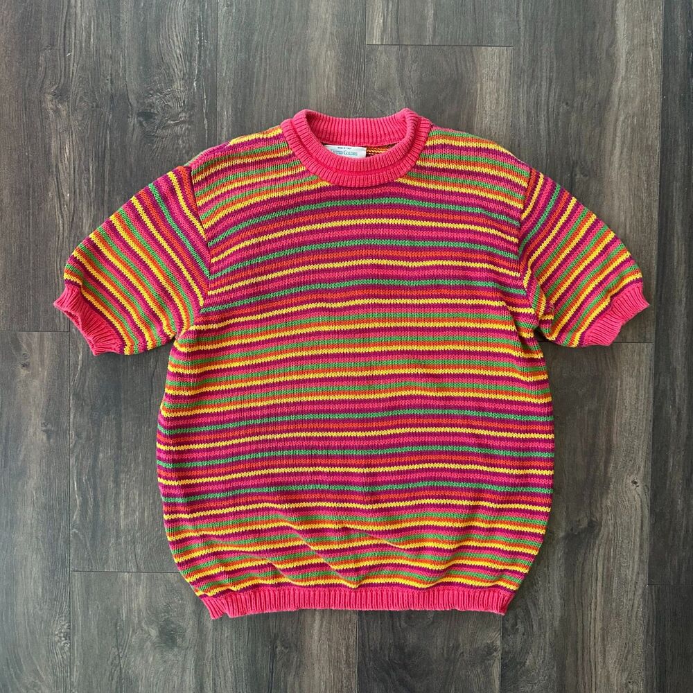 Vintage United Colors of Benetton Pink Multi Striped Sweater Short Sleeve Sz Med